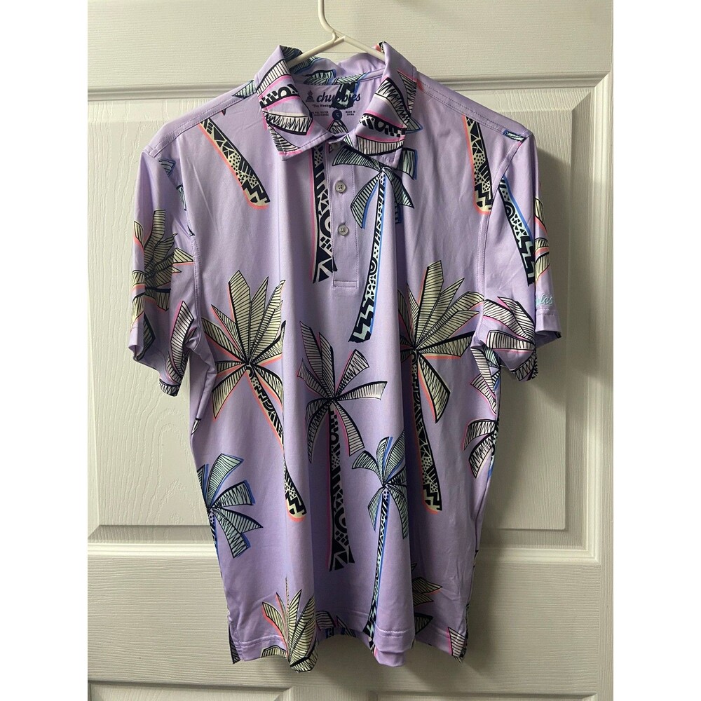 Chubbies Polo Shirt Men Small Purple Palm Tree Floral Hawaiian Short Sleeve Golf